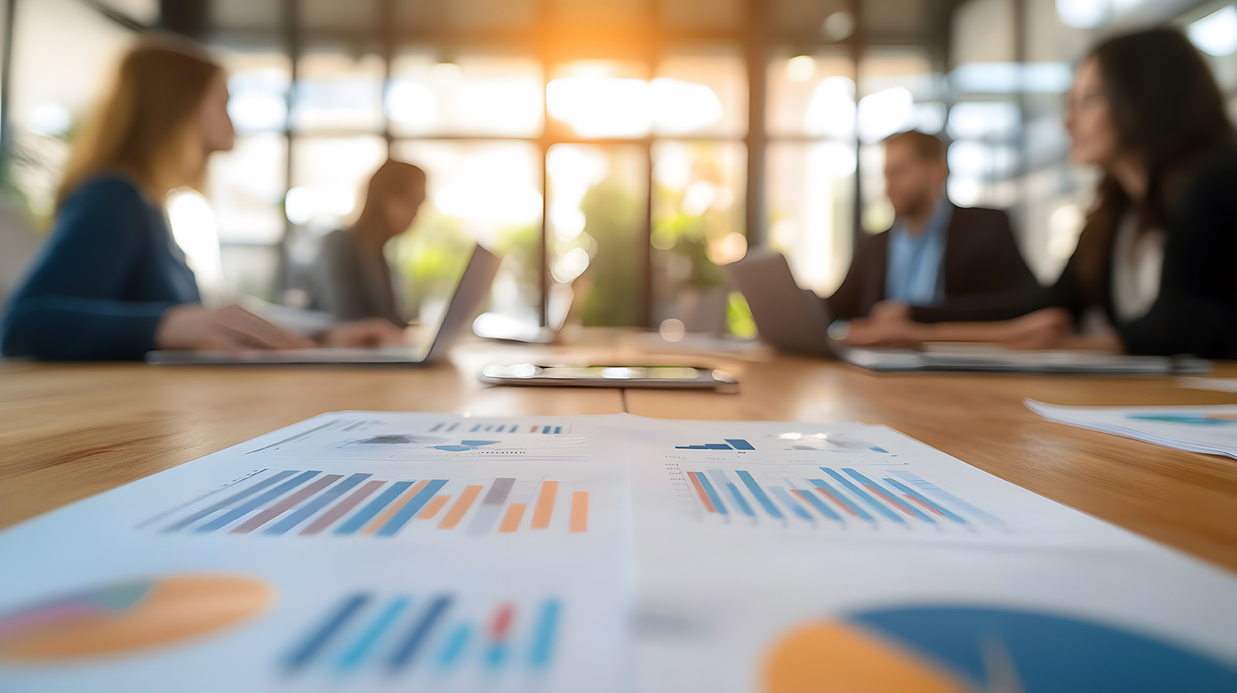 A close-up view of a table with graphs and charts, showing a blurred image of people in a business meeting.
